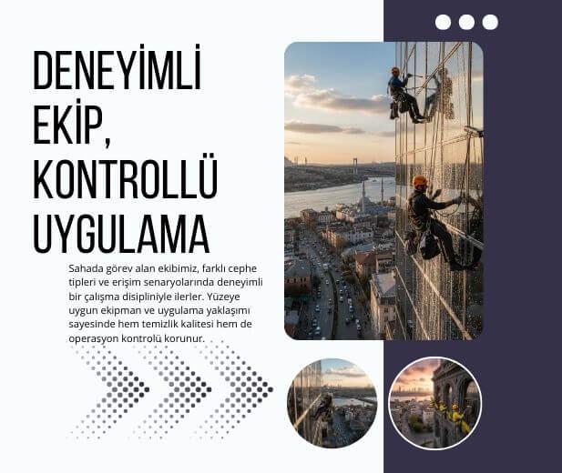 Farklı cephe tiplerinde yüzeye uygun ekipmanla çalışan deneyimli ekibin kontrollü uygulama örneği