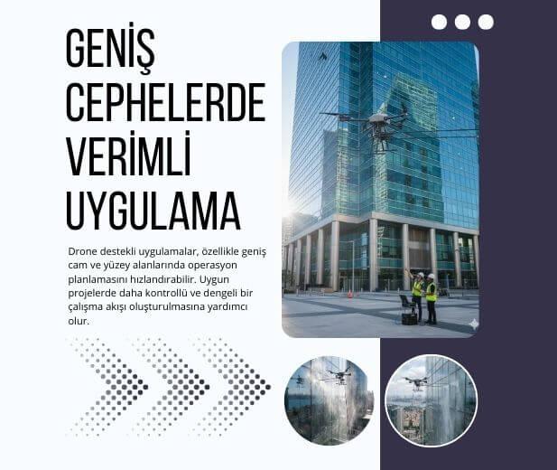 Geniş cam cepheli yapıda drone destekli yöntem için uygunluk odaklı uygulama senaryosunu gösteren görsel