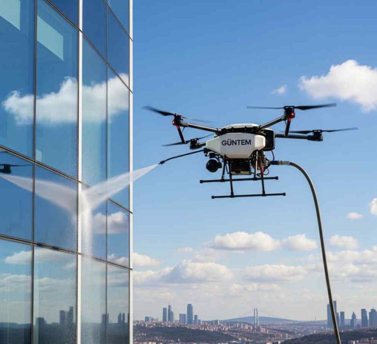 Drone ile yüksek bina cam temizliği çalışmaları