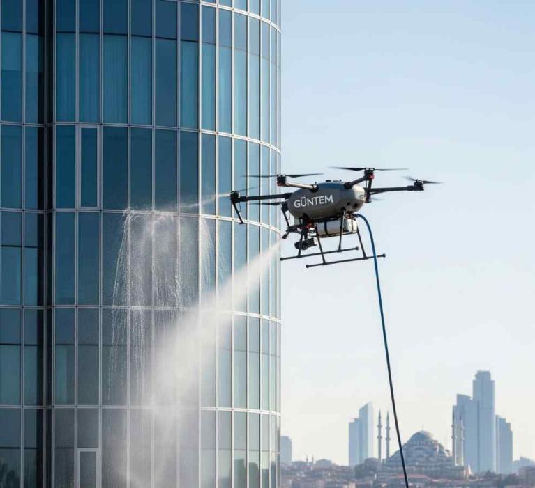 Drone ile yapılan profesyonel dış cephe cam temizliği uygulaması.