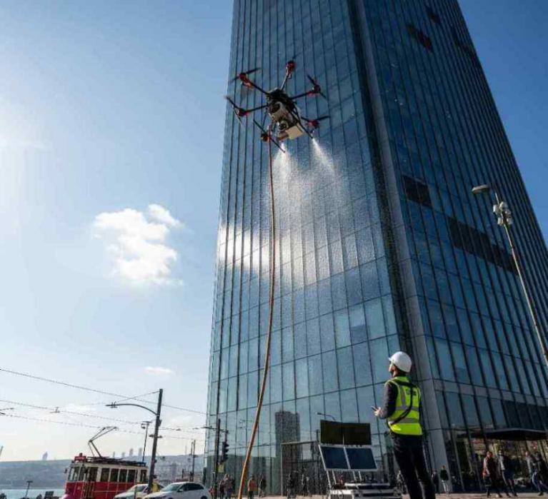 Dronla dış cephe temizliği çalışmaları