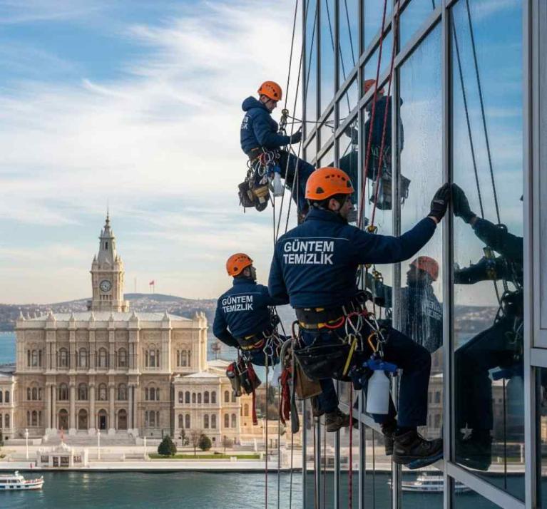 İstanbul'da iple erişimle dış cephe temizliği çalışmaları