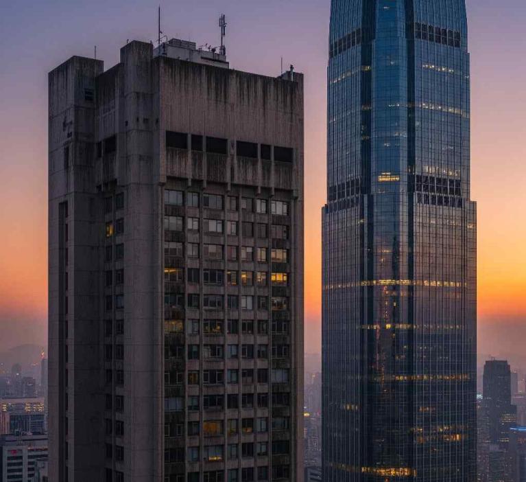 Profesyonel dış cephe cam temizliği öncesi ve sonrası farkını gösteren plaza cepheleri