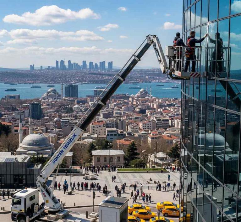 Sepetli vinç erişimiyle plaza cam temizliği hizmetleri